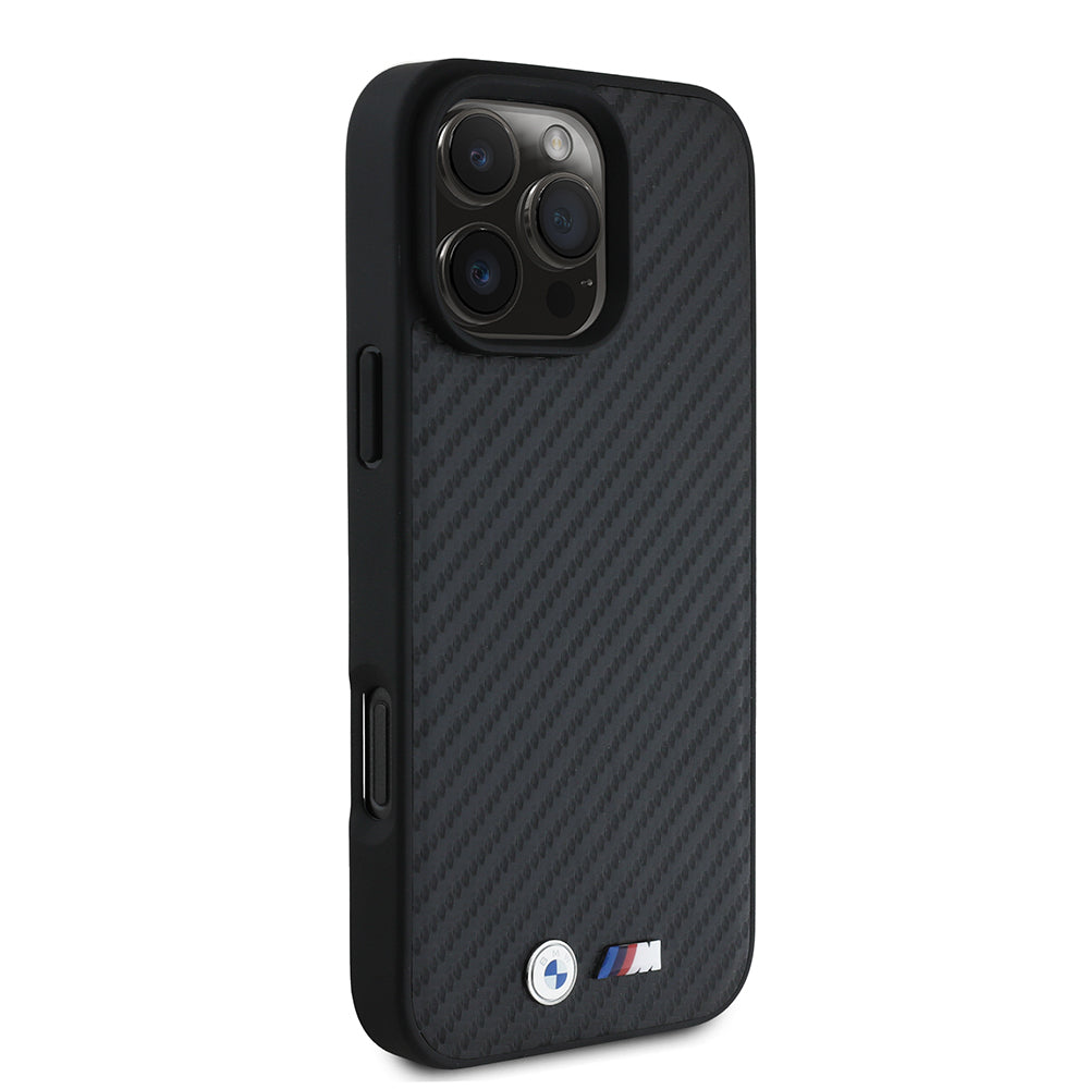 iPhone 16 Pro Max Kılıf BMW Orjinal Lisanslı Karbon Fiber Tasarımlı ve Metal Logolu PU Deri Kapak