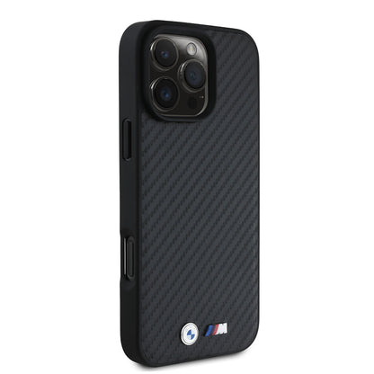 iPhone 16 Pro Max Kılıf BMW Orjinal Lisanslı Karbon Fiber Tasarımlı ve Metal Logolu PU Deri Kapak
