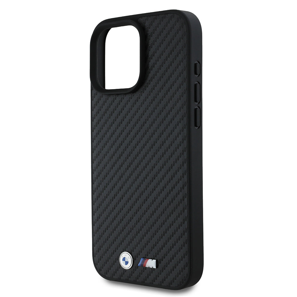 iPhone 16 Pro Max Kılıf BMW Orjinal Lisanslı Karbon Fiber Tasarımlı ve Metal Logolu PU Deri Kapak