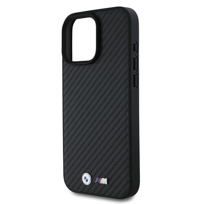 iPhone 16 Pro Max Kılıf BMW Orjinal Lisanslı Karbon Fiber Tasarımlı ve Metal Logolu PU Deri Kapak
