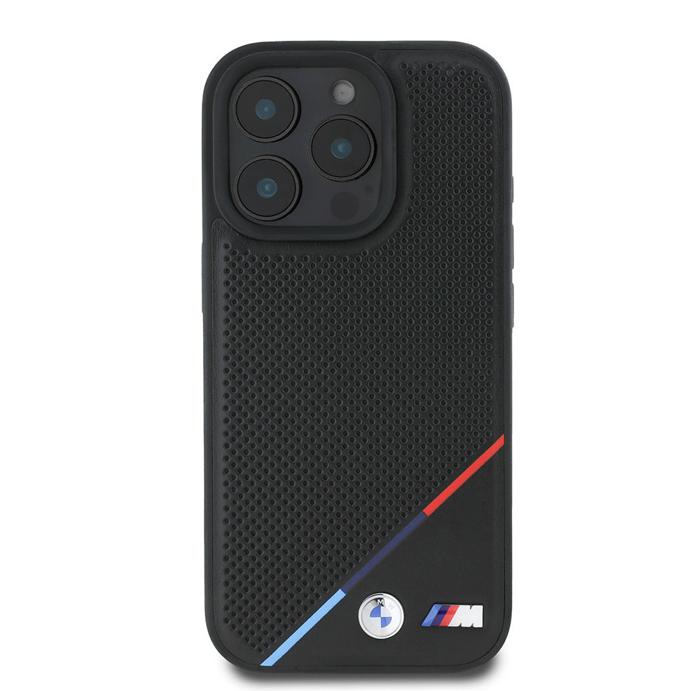 iPhone 16 Pro Max Kılıf BMW Orjinal Lisanslı M-safe Şarj Özellikli M Logolu Üç Çizgili Delikli Deri Kapak