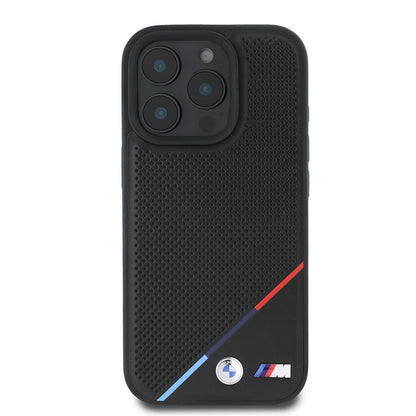 iPhone 16 Pro Max Kılıf BMW Orjinal Lisanslı M-safe Şarj Özellikli M Logolu Üç Çizgili Delikli Deri Kapak