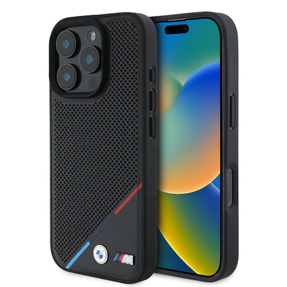 iPhone 16 Pro Max Kılıf BMW Orjinal Lisanslı M-safe Şarj Özellikli M Logolu Üç Çizgili Delikli Deri Kapak