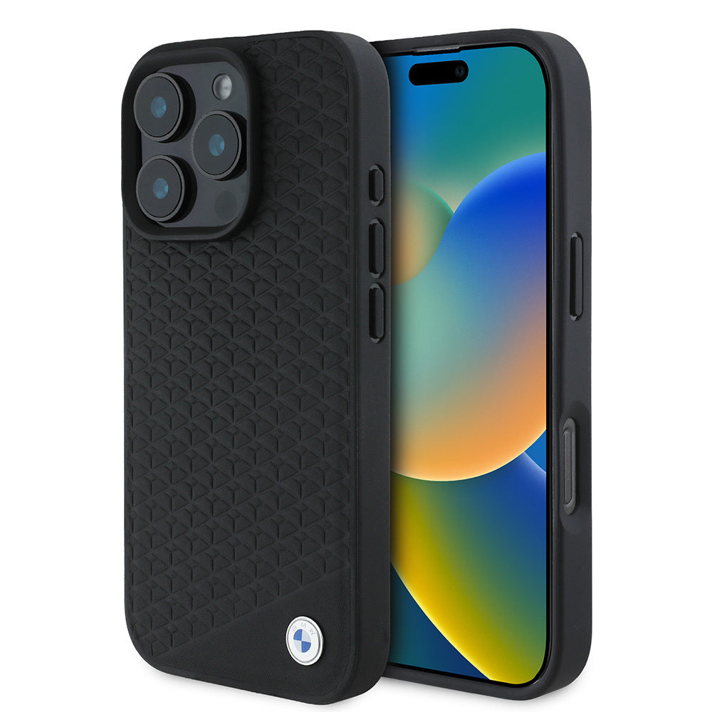 iPhone 16 Pro Max Kılıf BMW Orjinal Lisanslı M-safe Şarj Özellikli Metal Logolu Dokulu Diamond Deri Kapak