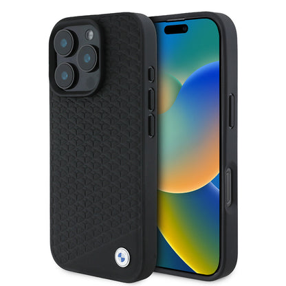 iPhone 16 Pro Max Kılıf BMW Orjinal Lisanslı M-safe Şarj Özellikli Metal Logolu Dokulu Diamond Deri Kapak