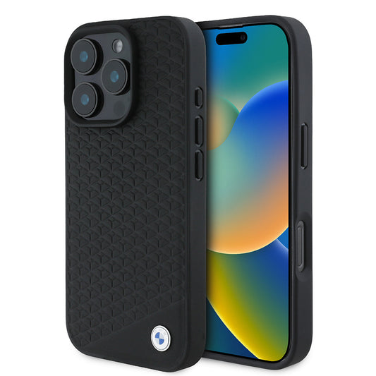 iPhone 16 Pro Max Kılıf BMW Orjinal Lisanslı M-safe Şarj Özellikli Metal Logolu Dokulu Diamond Deri Kapak