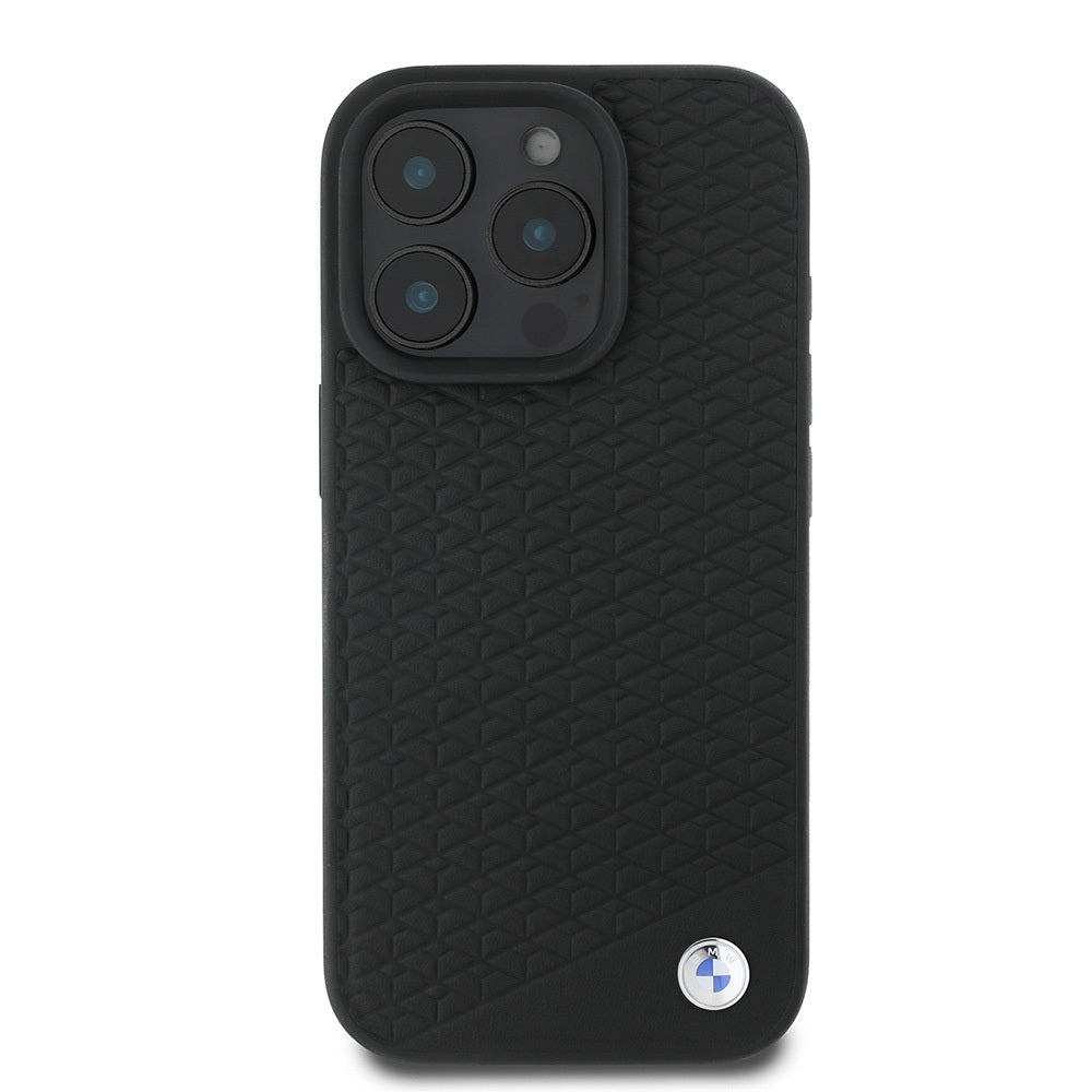 iPhone 16 Pro Max Kılıf BMW Orjinal Lisanslı M-safe Şarj Özellikli Metal Logolu Dokulu Diamond Deri Kapak