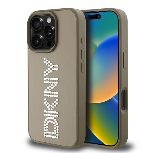 iPhone 16 Pro Max Kılıf DKNY Orjinal Lisanslı Taşlı DKNY Yazılı Metalik Rhinestones PU Deri Kapak