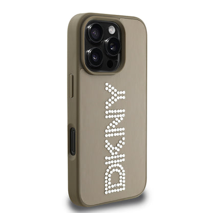 iPhone 16 Pro Max Kılıf DKNY Orjinal Lisanslı Taşlı DKNY Yazılı Metalik Rhinestones PU Deri Kapak