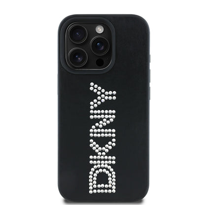 iPhone 16 Pro Max Kılıf DKNY Orjinal Lisanslı Taşlı DKNY Yazılı Metalik Rhinestones PU Deri Kapak