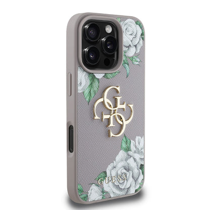 iPhone 16 Pro Max Kılıf Guess Orjinal Lisanslı Gül Baskılı Büyük Metal Logo Dizaynlı Kapak