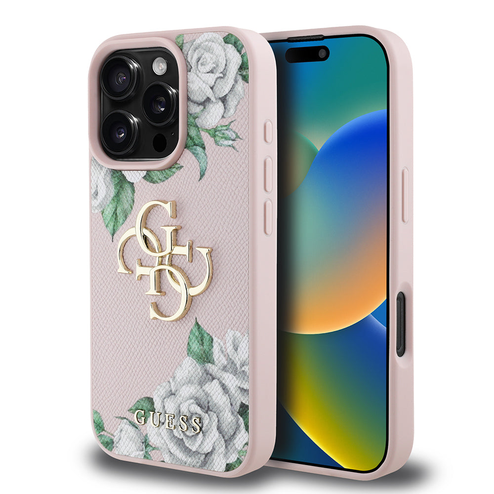 iPhone 16 Pro Max Kılıf Guess Orjinal Lisanslı Gül Baskılı Büyük Metal Logo Dizaynlı Kapak
