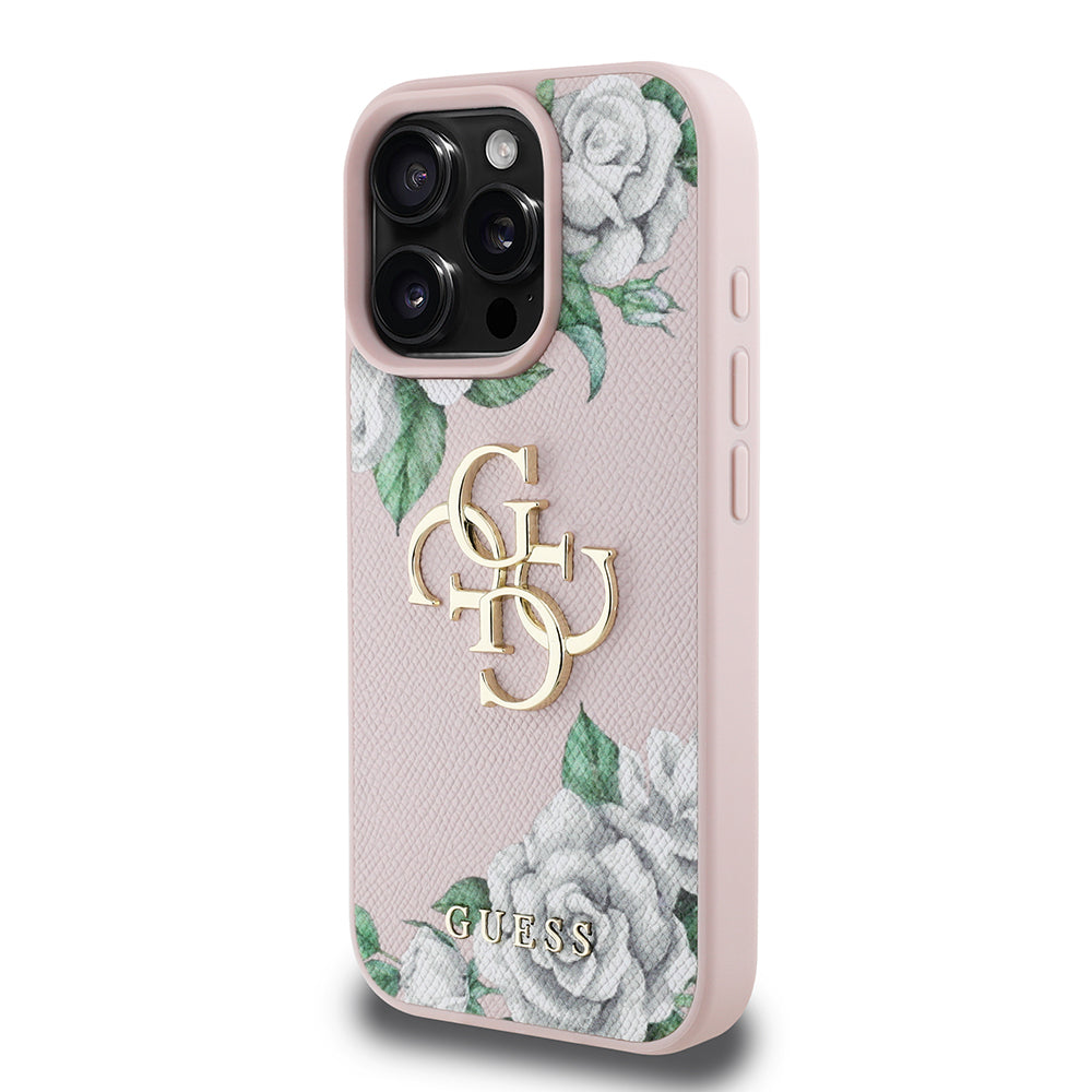 iPhone 16 Pro Max Kılıf Guess Orjinal Lisanslı Gül Baskılı Büyük Metal Logo Dizaynlı Kapak