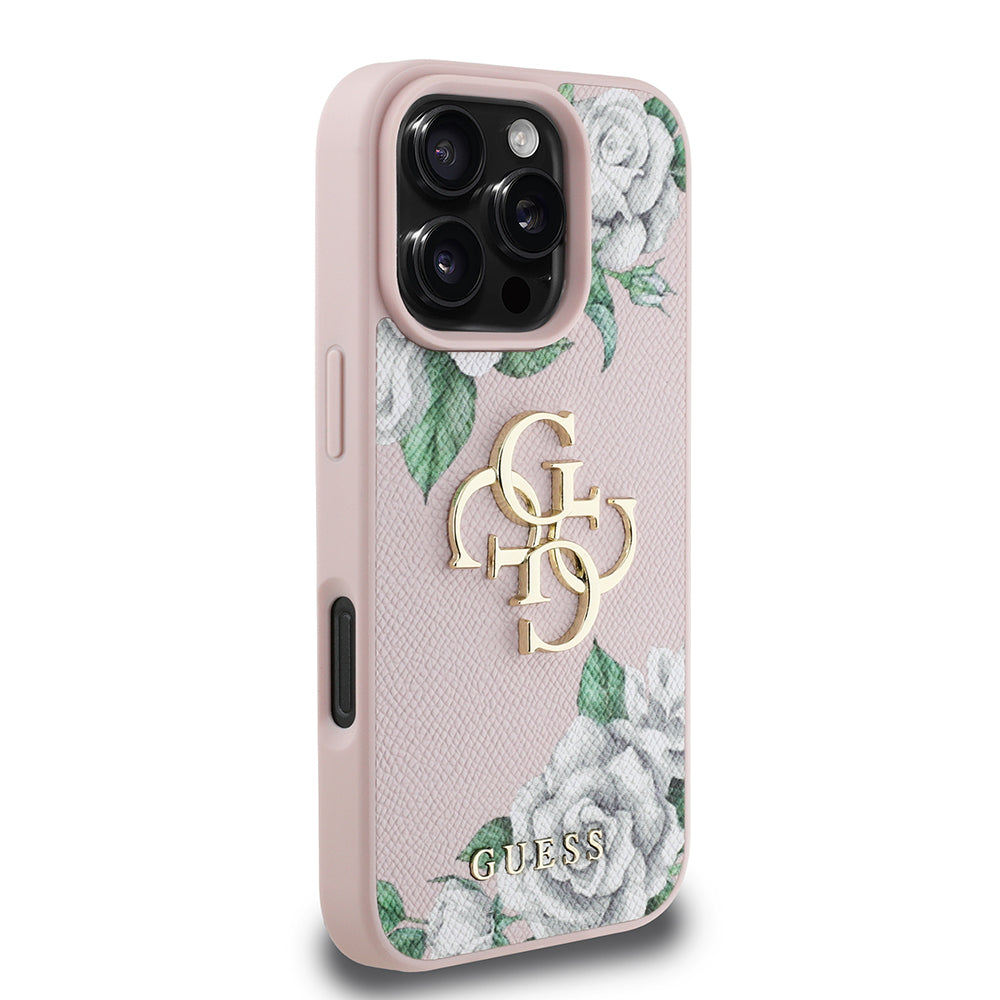 iPhone 16 Pro Max Kılıf Guess Orjinal Lisanslı Gül Baskılı Büyük Metal Logo Dizaynlı Kapak