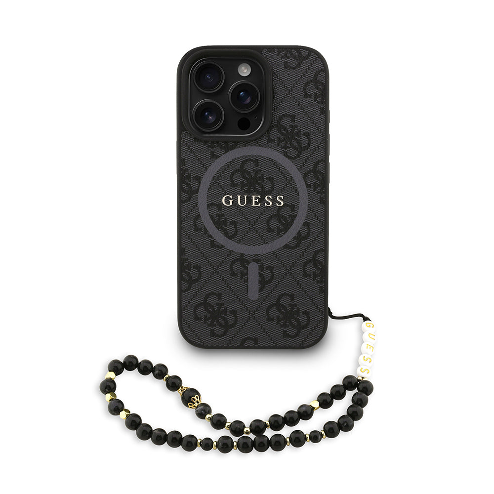 iPhone 16 Pro Max Kılıf Guess Orjinal Lisanslı M-safe Şarj Özellikli PU Deri Bilek Askı İpli Yazı Logolu Kapak