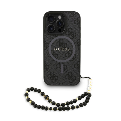 iPhone 16 Pro Max Kılıf Guess Orjinal Lisanslı M-safe Şarj Özellikli PU Deri Bilek Askı İpli Yazı Logolu Kapak