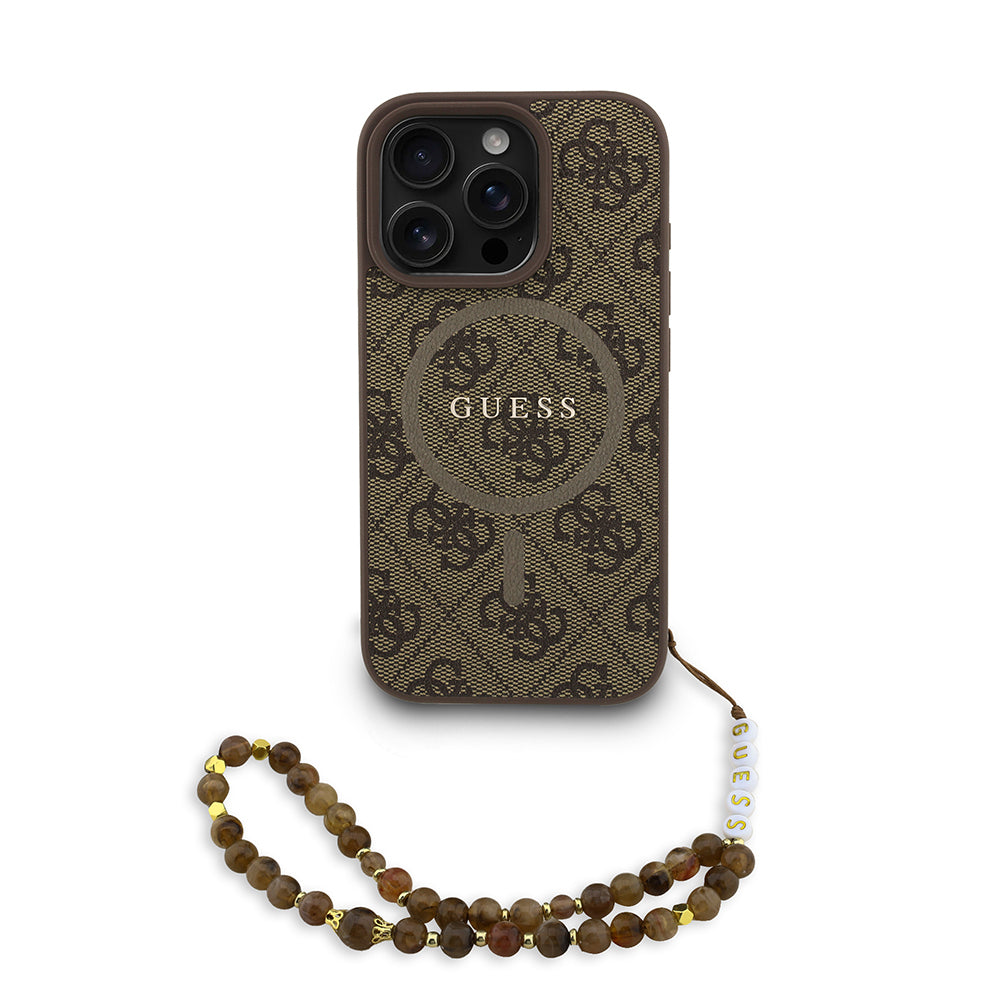 iPhone 16 Pro Max Kılıf Guess Orjinal Lisanslı M-safe Şarj Özellikli PU Deri Bilek Askı İpli Yazı Logolu Kapak