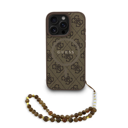 iPhone 16 Pro Max Kılıf Guess Orjinal Lisanslı M-safe Şarj Özellikli PU Deri Bilek Askı İpli Yazı Logolu Kapak