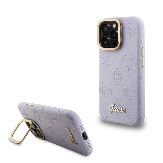 iPhone 16 Pro Max Kılıf Guess Orjinal Lisanslı M-safe Şarj Özellikli Sıcak Baskılı Yazı Logolu Kamera Standlı PU Deri Peony Kapak