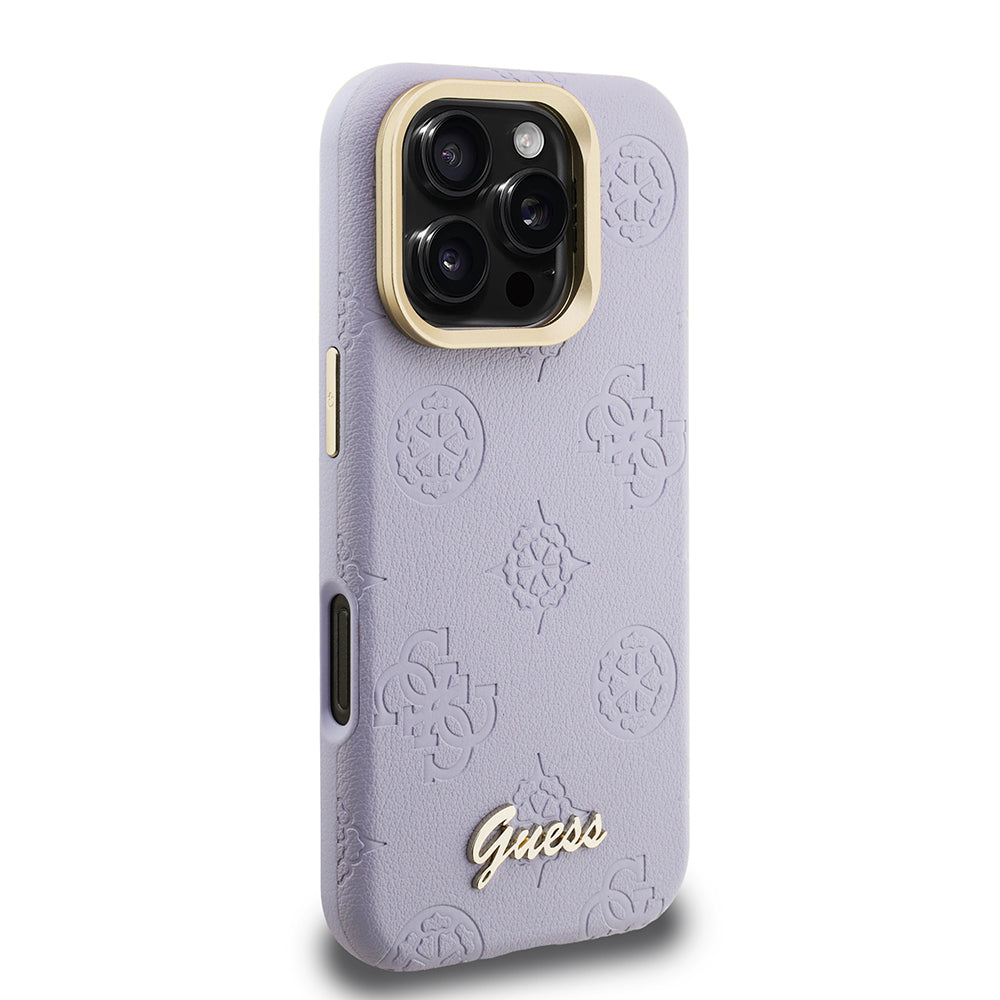 iPhone 16 Pro Max Kılıf Guess Orjinal Lisanslı M-safe Şarj Özellikli Sıcak Baskılı Yazı Logolu Kamera Standlı PU Deri Peony Kapak