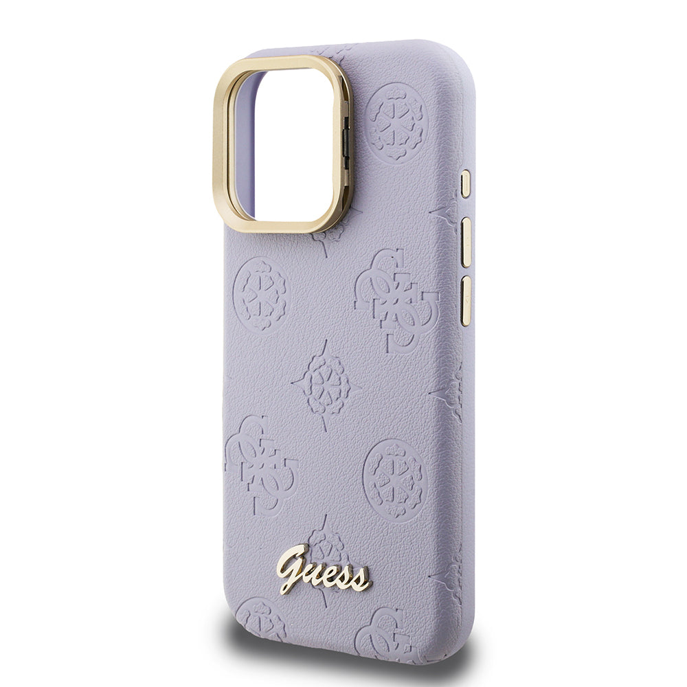 iPhone 16 Pro Max Kılıf Guess Orjinal Lisanslı M-safe Şarj Özellikli Sıcak Baskılı Yazı Logolu Kamera Standlı PU Deri Peony Kapak