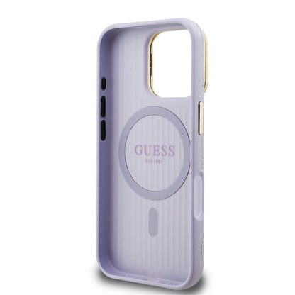 iPhone 16 Pro Max Kılıf Guess Orjinal Lisanslı M-safe Şarj Özellikli Sıcak Baskılı Yazı Logolu Kamera Standlı PU Deri Peony Kapak