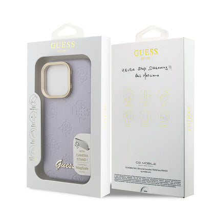 iPhone 16 Pro Max Kılıf Guess Orjinal Lisanslı M-safe Şarj Özellikli Sıcak Baskılı Yazı Logolu Kamera Standlı PU Deri Peony Kapak