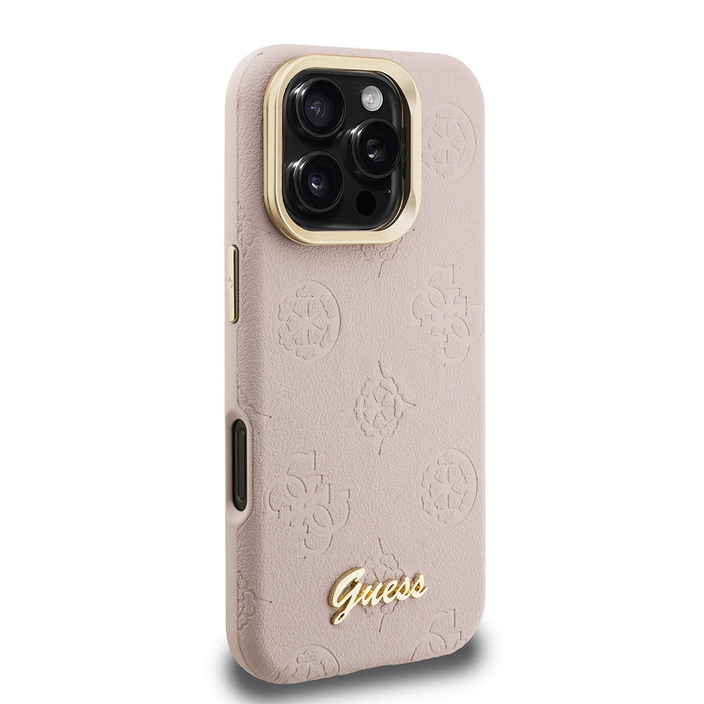 iPhone 16 Pro Max Kılıf Guess Orjinal Lisanslı M-safe Şarj Özellikli Sıcak Baskılı Yazı Logolu Kamera Standlı PU Deri Peony Kapak