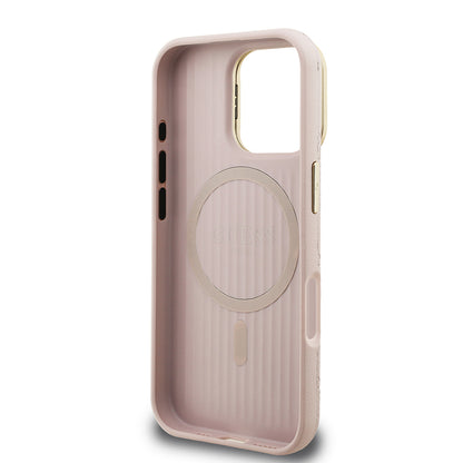 iPhone 16 Pro Max Kılıf Guess Orjinal Lisanslı M-safe Şarj Özellikli Sıcak Baskılı Yazı Logolu Kamera Standlı PU Deri Peony Kapak