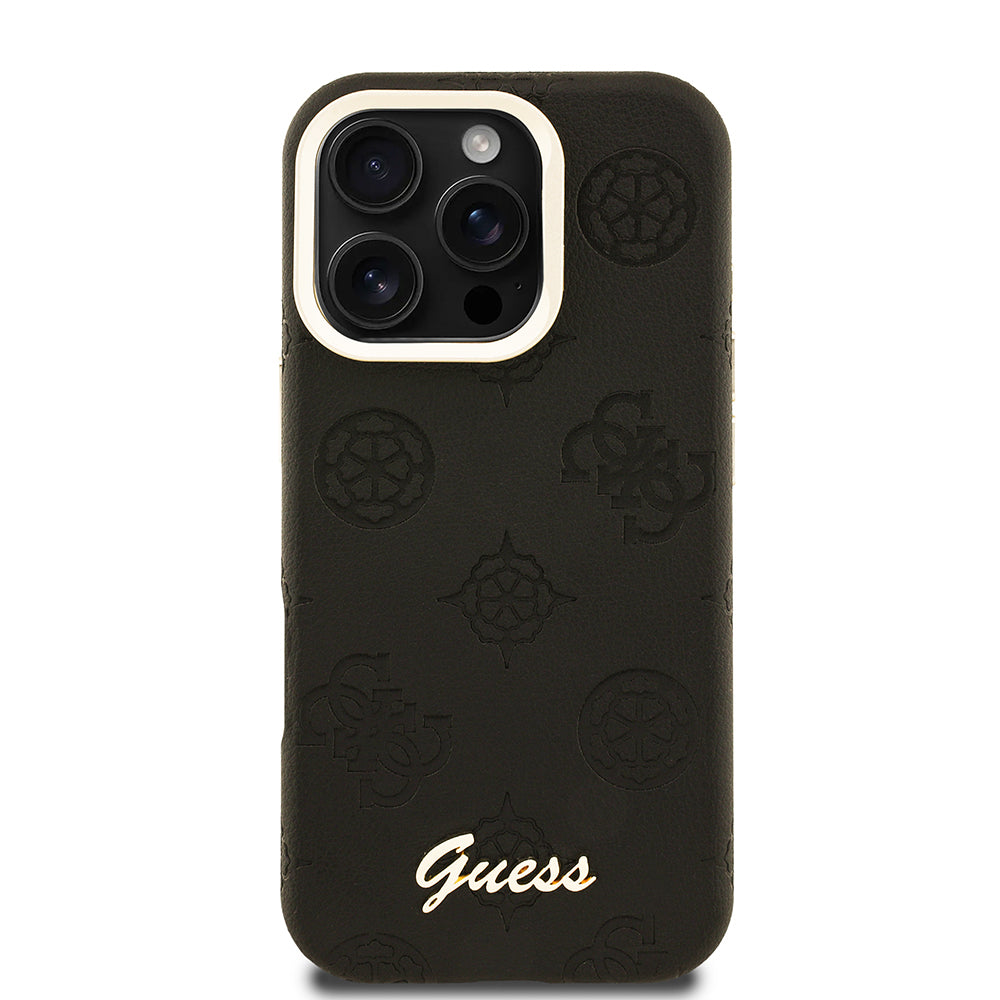 iPhone 16 Pro Max Kılıf Guess Orjinal Lisanslı M-safe Şarj Özellikli Sıcak Baskılı Yazı Logolu Kamera Standlı PU Deri Peony Kapak
