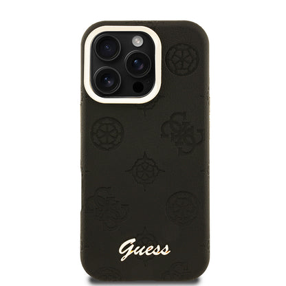 iPhone 16 Pro Max Kılıf Guess Orjinal Lisanslı M-safe Şarj Özellikli Sıcak Baskılı Yazı Logolu Kamera Standlı PU Deri Peony Kapak