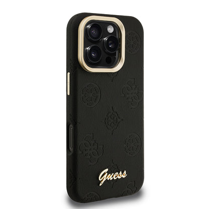 iPhone 16 Pro Max Kılıf Guess Orjinal Lisanslı M-safe Şarj Özellikli Sıcak Baskılı Yazı Logolu Kamera Standlı PU Deri Peony Kapak