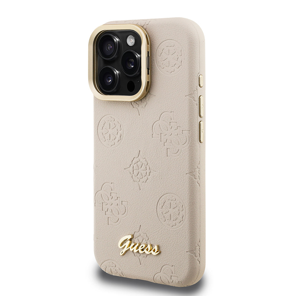 iPhone 16 Pro Max Kılıf Guess Orjinal Lisanslı M-safe Şarj Özellikli Sıcak Baskılı Yazı Logolu Kamera Standlı PU Deri Peony Kapak