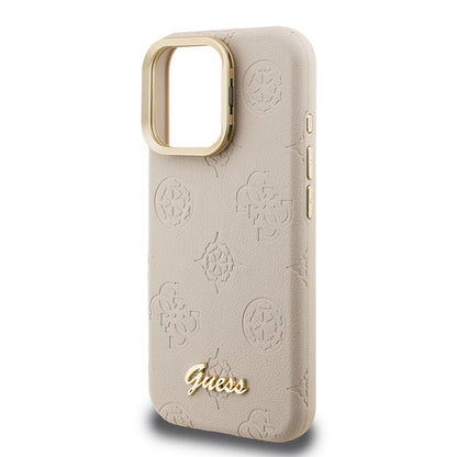 iPhone 16 Pro Max Kılıf Guess Orjinal Lisanslı M-safe Şarj Özellikli Sıcak Baskılı Yazı Logolu Kamera Standlı PU Deri Peony Kapak