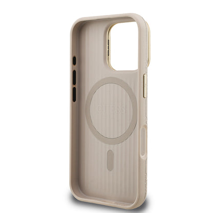 iPhone 16 Pro Max Kılıf Guess Orjinal Lisanslı M-safe Şarj Özellikli Sıcak Baskılı Yazı Logolu Kamera Standlı PU Deri Peony Kapak