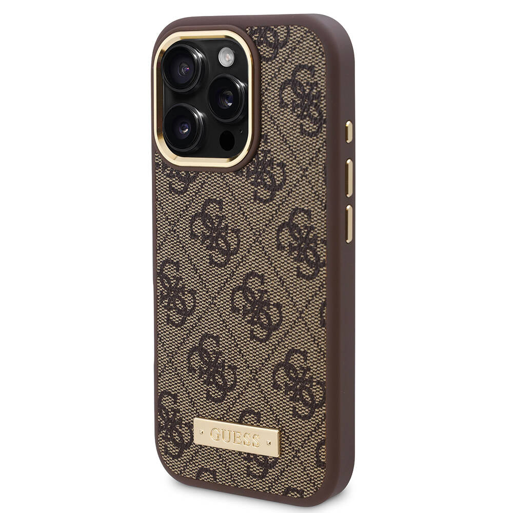 iPhone 16 Pro Max Kılıf Guess Orjinal Lisanslı M-safe Şarj Özellikli 4G Desenli PU Metal Plaka Klasik Logolu Kapak