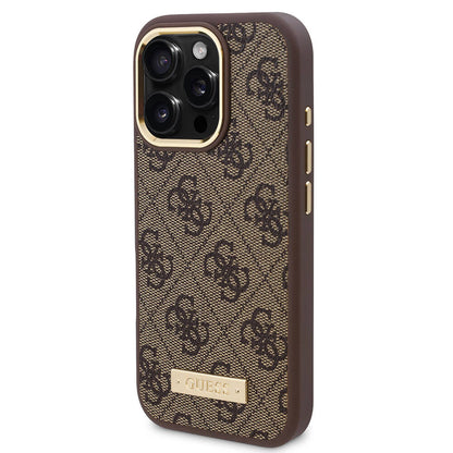 iPhone 16 Pro Max Kılıf Guess Orjinal Lisanslı M-safe Şarj Özellikli 4G Desenli PU Metal Plaka Klasik Logolu Kapak