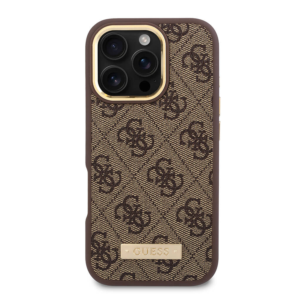 iPhone 16 Pro Max Kılıf Guess Orjinal Lisanslı M-safe Şarj Özellikli 4G Desenli PU Metal Plaka Klasik Logolu Kapak