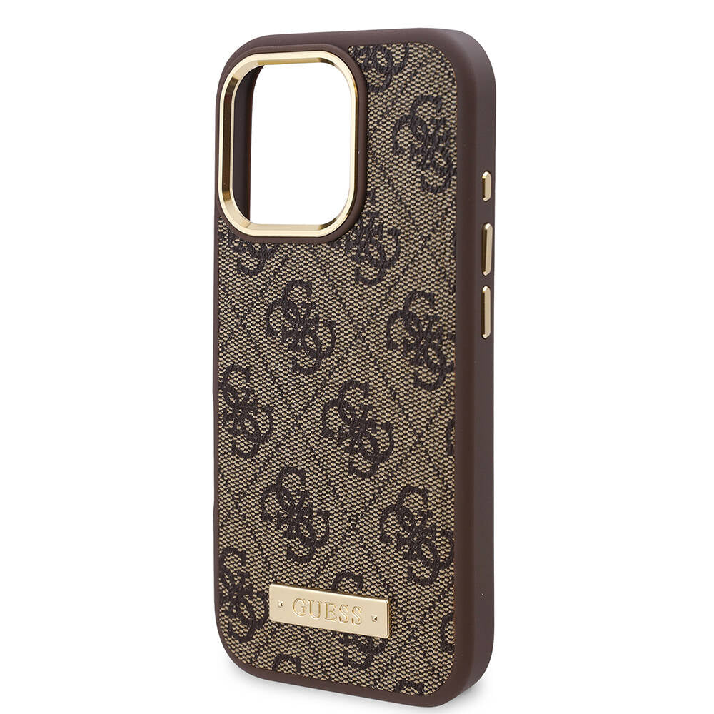 iPhone 16 Pro Max Kılıf Guess Orjinal Lisanslı M-safe Şarj Özellikli 4G Desenli PU Metal Plaka Klasik Logolu Kapak
