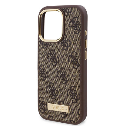 iPhone 16 Pro Max Kılıf Guess Orjinal Lisanslı M-safe Şarj Özellikli 4G Desenli PU Metal Plaka Klasik Logolu Kapak