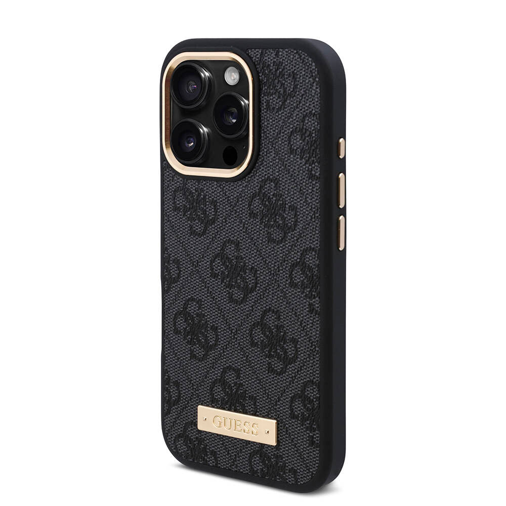 iPhone 16 Pro Max Kılıf Guess Orjinal Lisanslı M-safe Şarj Özellikli 4G Desenli PU Metal Plaka Klasik Logolu Kapak