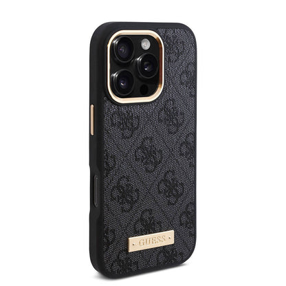 iPhone 16 Pro Max Kılıf Guess Orjinal Lisanslı M-safe Şarj Özellikli 4G Desenli PU Metal Plaka Klasik Logolu Kapak