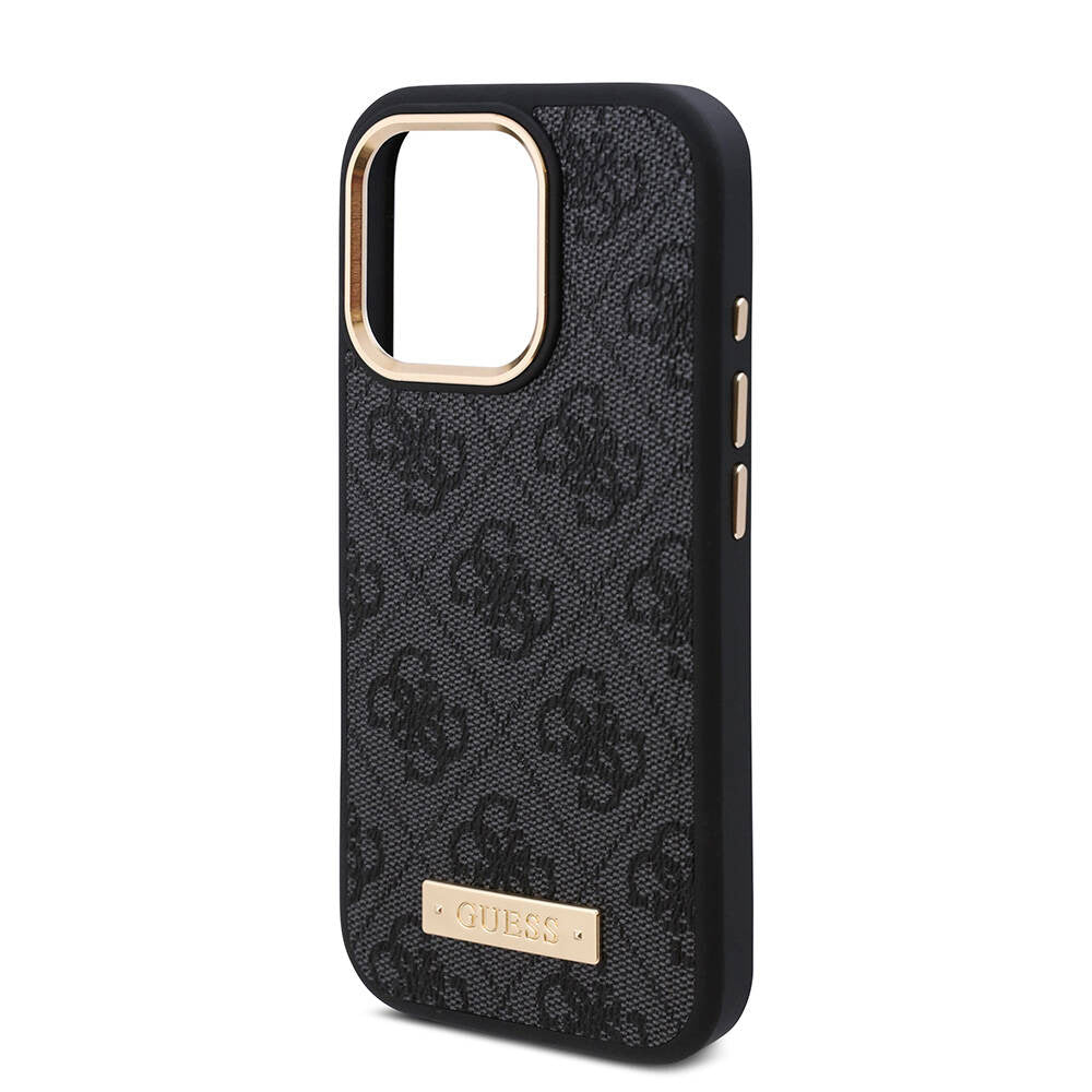 iPhone 16 Pro Max Kılıf Guess Orjinal Lisanslı M-safe Şarj Özellikli 4G Desenli PU Metal Plaka Klasik Logolu Kapak