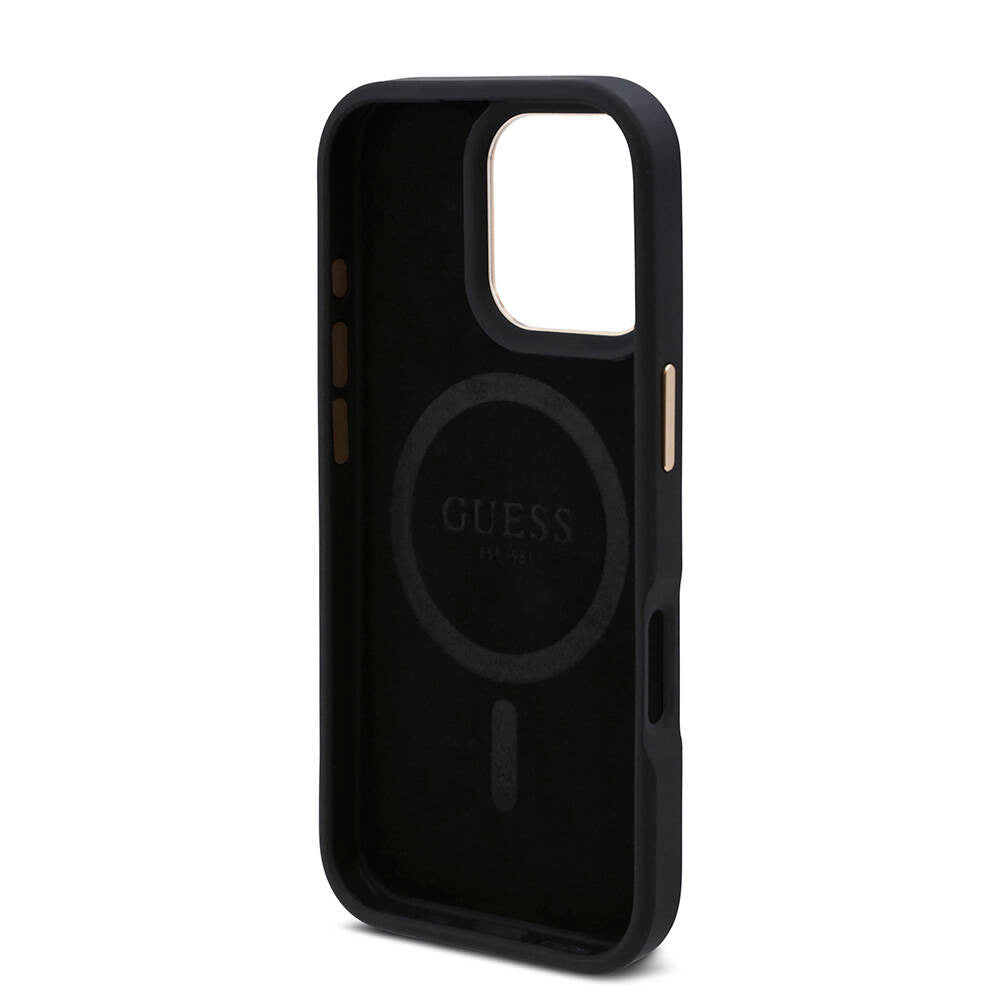 iPhone 16 Pro Max Kılıf Guess Orjinal Lisanslı M-safe Şarj Özellikli 4G Desenli PU Metal Plaka Klasik Logolu Kapak