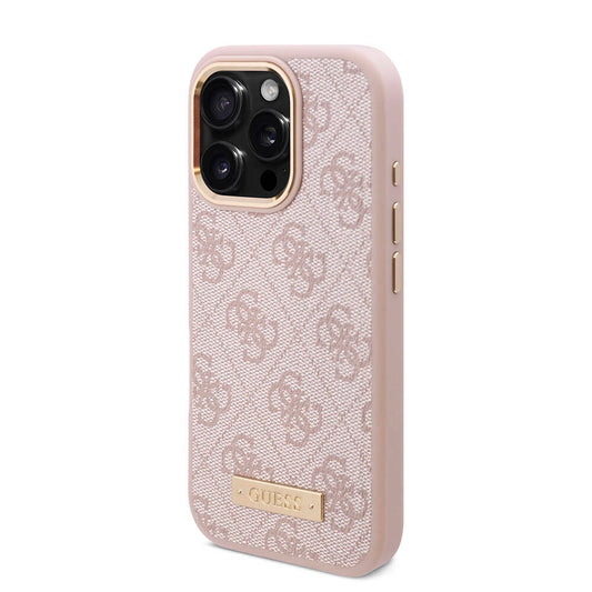 iPhone 16 Pro Max Kılıf Guess Orjinal Lisanslı M-safe Şarj Özellikli 4G Desenli PU Metal Plaka Klasik Logolu Kapak