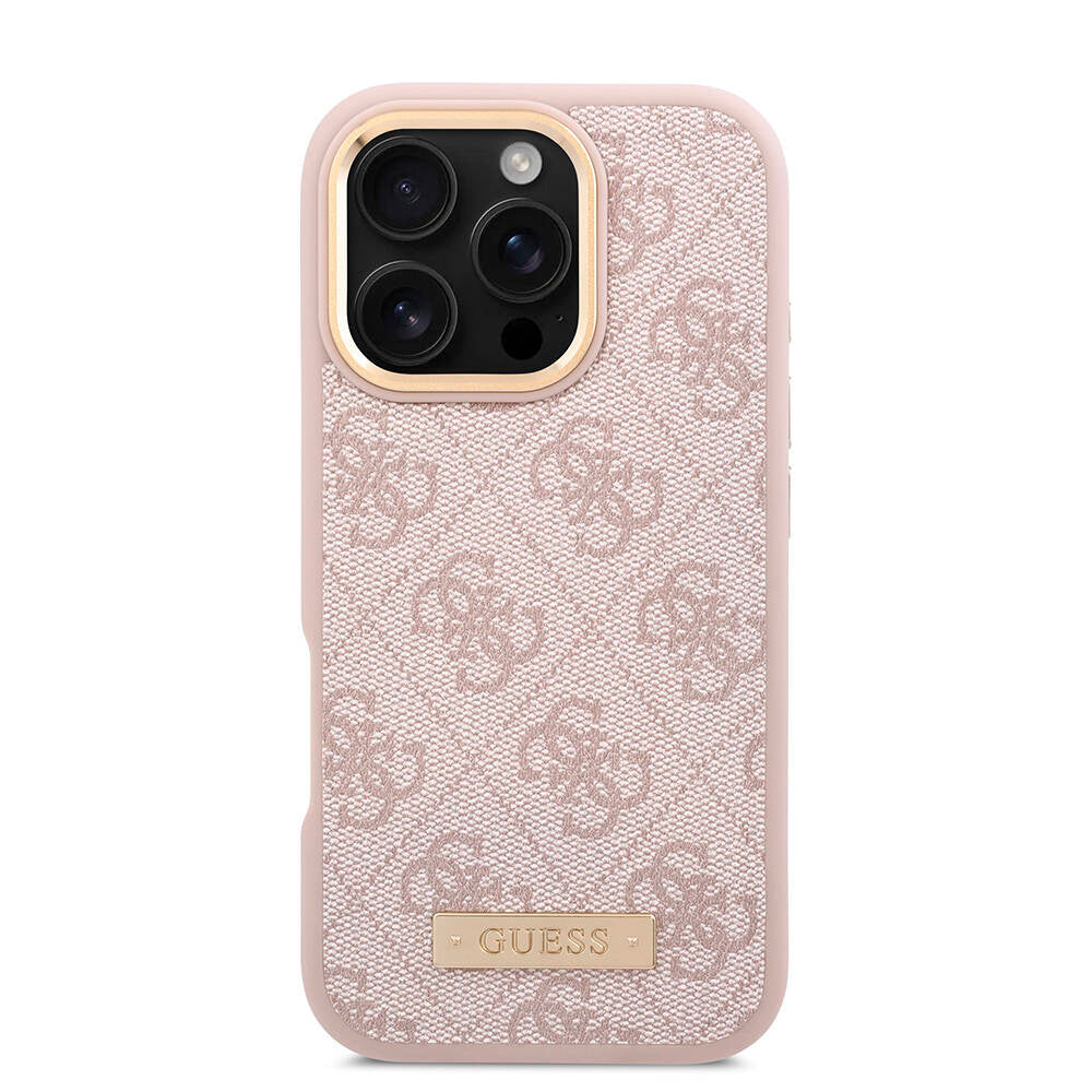 iPhone 16 Pro Max Kılıf Guess Orjinal Lisanslı M-safe Şarj Özellikli 4G Desenli PU Metal Plaka Klasik Logolu Kapak