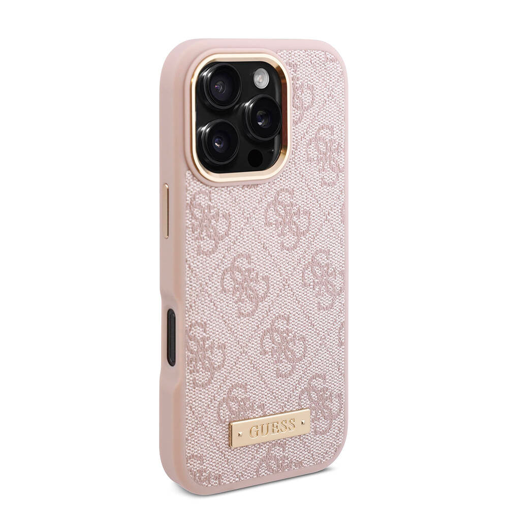 iPhone 16 Pro Max Kılıf Guess Orjinal Lisanslı M-safe Şarj Özellikli 4G Desenli PU Metal Plaka Klasik Logolu Kapak