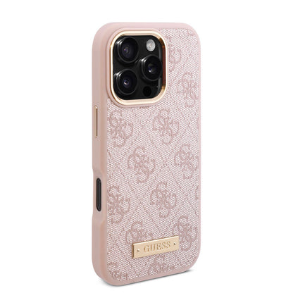 iPhone 16 Pro Max Kılıf Guess Orjinal Lisanslı M-safe Şarj Özellikli 4G Desenli PU Metal Plaka Klasik Logolu Kapak