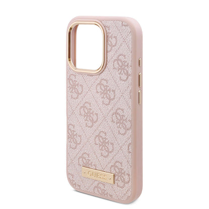 iPhone 16 Pro Max Kılıf Guess Orjinal Lisanslı M-safe Şarj Özellikli 4G Desenli PU Metal Plaka Klasik Logolu Kapak