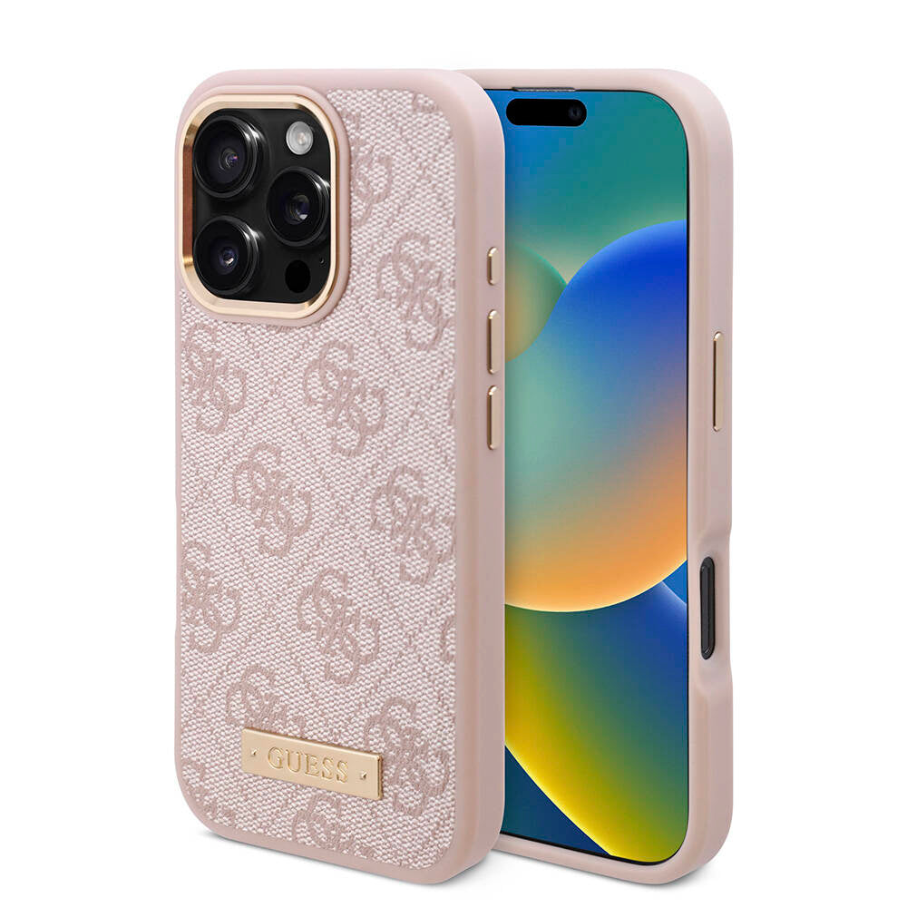iPhone 16 Pro Max Kılıf Guess Orjinal Lisanslı M-safe Şarj Özellikli 4G Desenli PU Metal Plaka Klasik Logolu Kapak